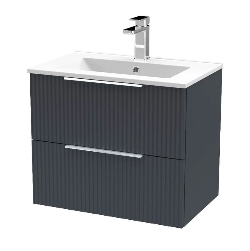 Hudson Reed Fluted Wall Hung 600mm Vanity Unit With 2 Drawers & Ceramic Basin - Satin Anthracite