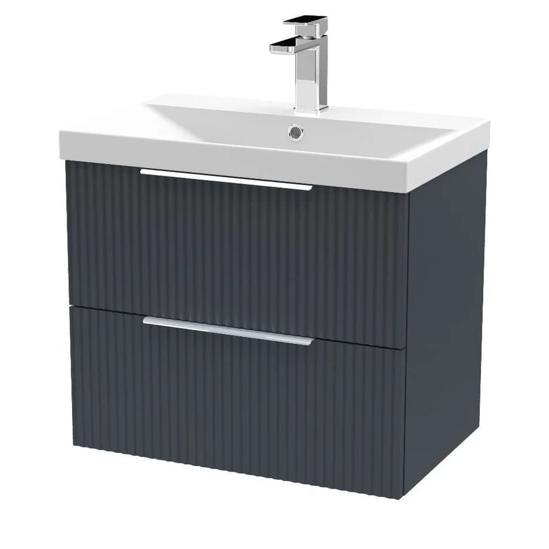 Hudson Reed Fluted Wall Hung 600mm Vanity Unit With 2 Drawers & Ceramic Basin - Satin Anthracite