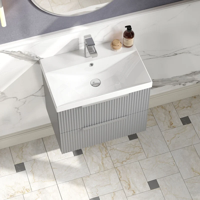 Hudson Reed Fluted Wall Hung 600mm Vanity Unit With 2 Drawers & Ceramic Basin - Satin Grey