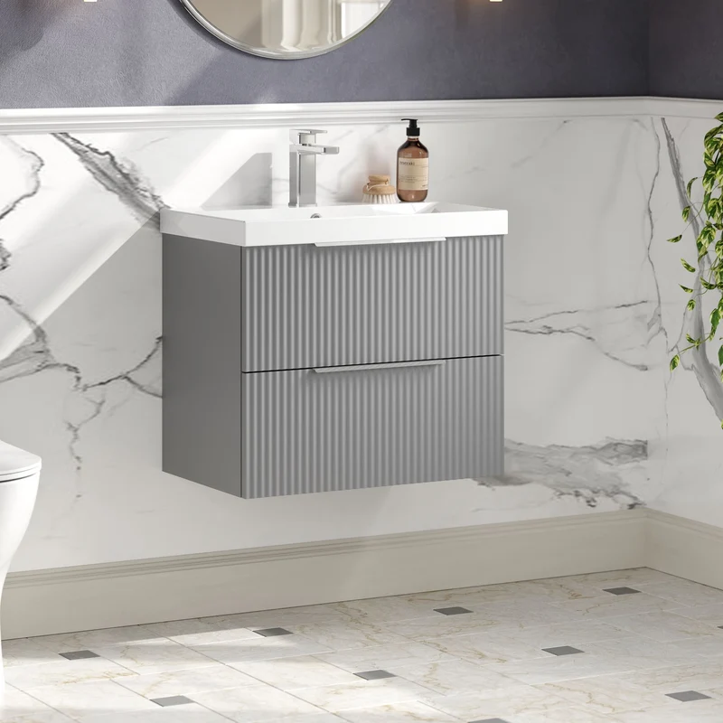 Hudson Reed Fluted Wall Hung 600mm Vanity Unit With 2 Drawers & Ceramic Basin - Satin Grey