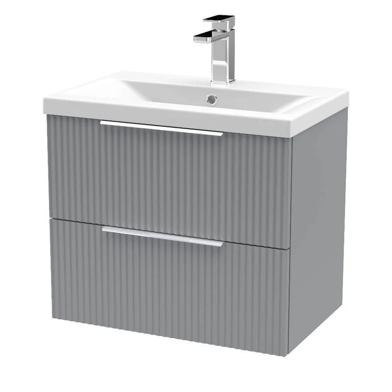 Hudson Reed Fluted Wall Hung 600mm Vanity Unit With 2 Drawers & Ceramic Basin - Satin Grey