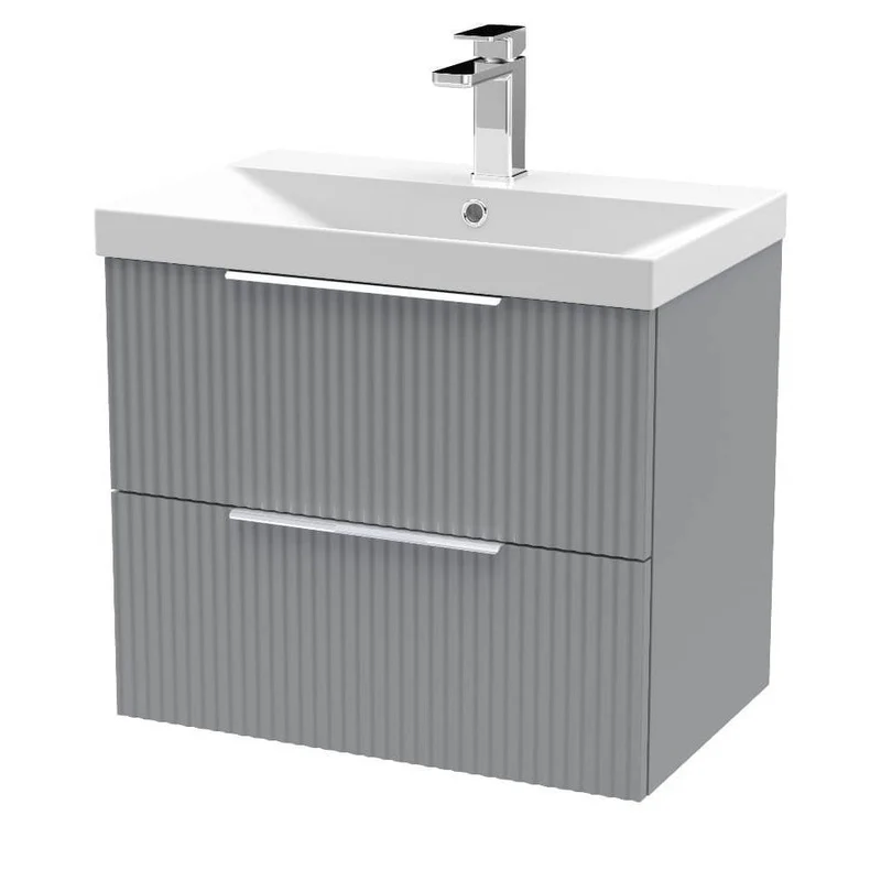 Hudson Reed Fluted Wall Hung 600mm Vanity Unit With 2 Drawers & Ceramic Basin - Satin Grey