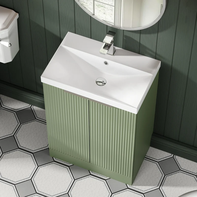 Hudson Reed Fluted Floor Standing 600mm Vanity Unit & Ceramic Basin - Satin Green