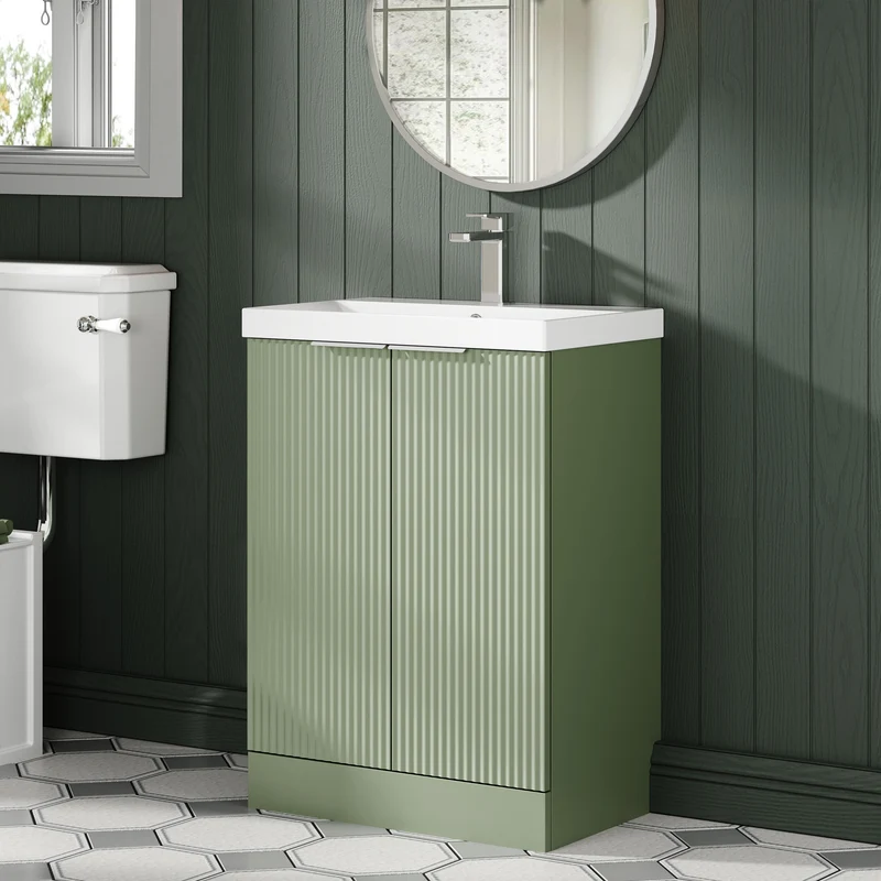 Hudson Reed Fluted Floor Standing 600mm Vanity Unit & Ceramic Basin - Satin Green