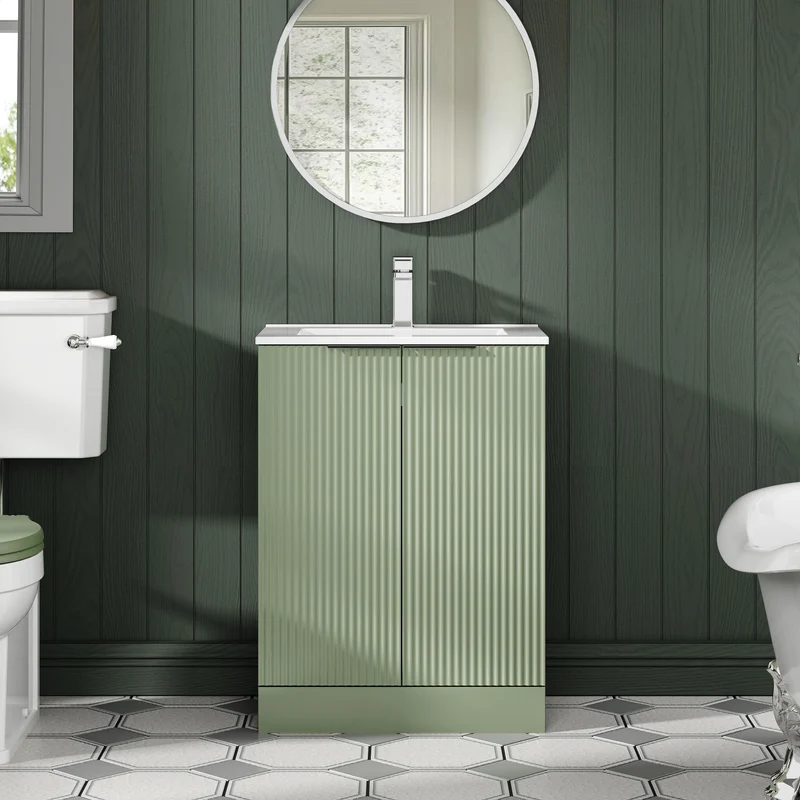 Hudson Reed Fluted Floor Standing 600mm Vanity Unit & Ceramic Basin - Satin Green