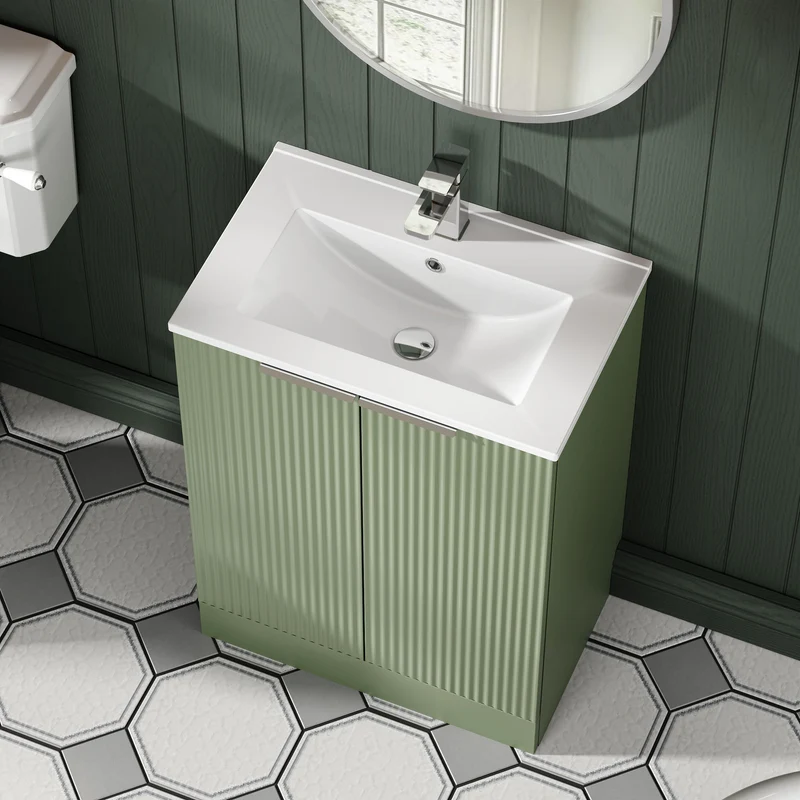 Hudson Reed Fluted Floor Standing 600mm Vanity Unit & Ceramic Basin - Satin Green