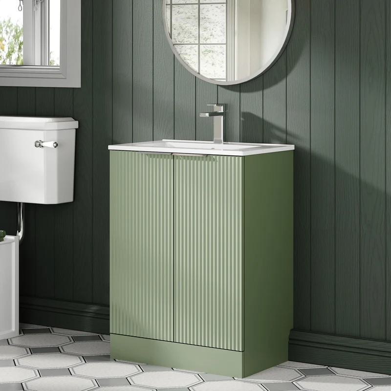 Hudson Reed Fluted Floor Standing 600mm Vanity Unit & Ceramic Basin - Satin Green