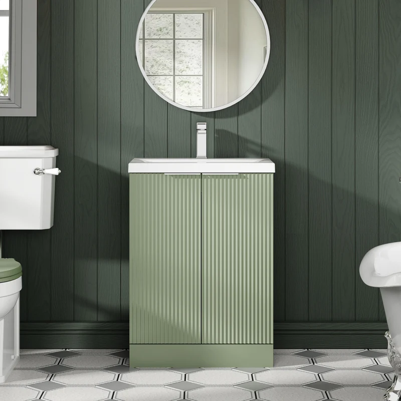 Hudson Reed Fluted Floor Standing 600mm Vanity Unit & Ceramic Basin - Satin Green