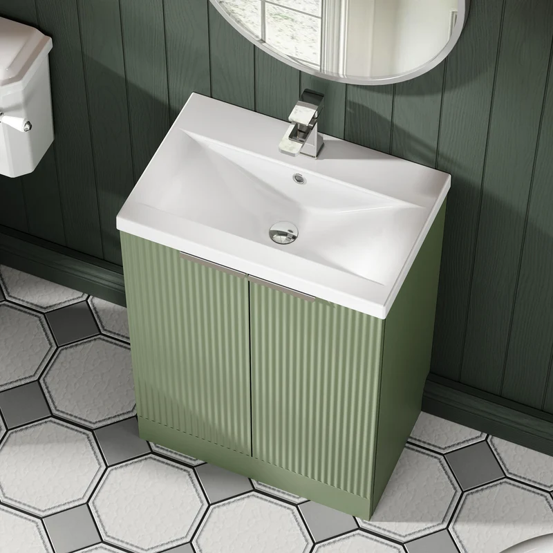 Hudson Reed Fluted Floor Standing 600mm Vanity Unit & Ceramic Basin - Satin Green