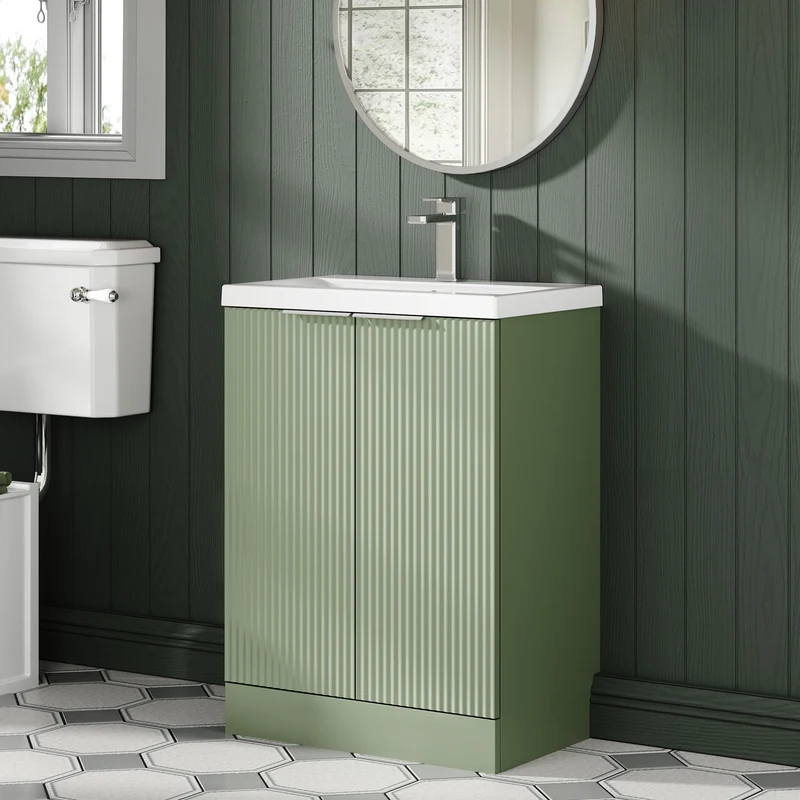 Hudson Reed Fluted Floor Standing 600mm Vanity Unit & Ceramic Basin - Satin Green