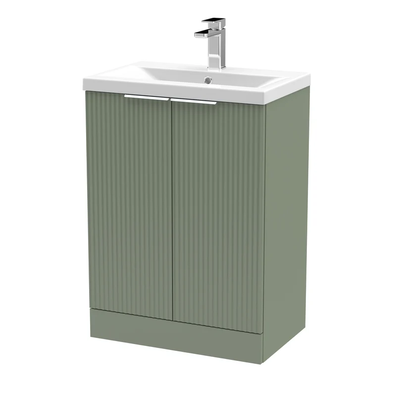 Hudson Reed Fluted Floor Standing 600mm Vanity Unit & Ceramic Basin - Satin Green