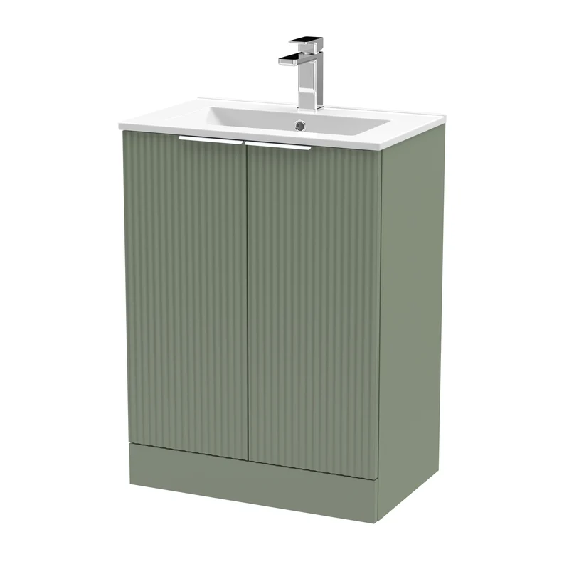 Hudson Reed Fluted Floor Standing 600mm Vanity Unit & Ceramic Basin - Satin Green