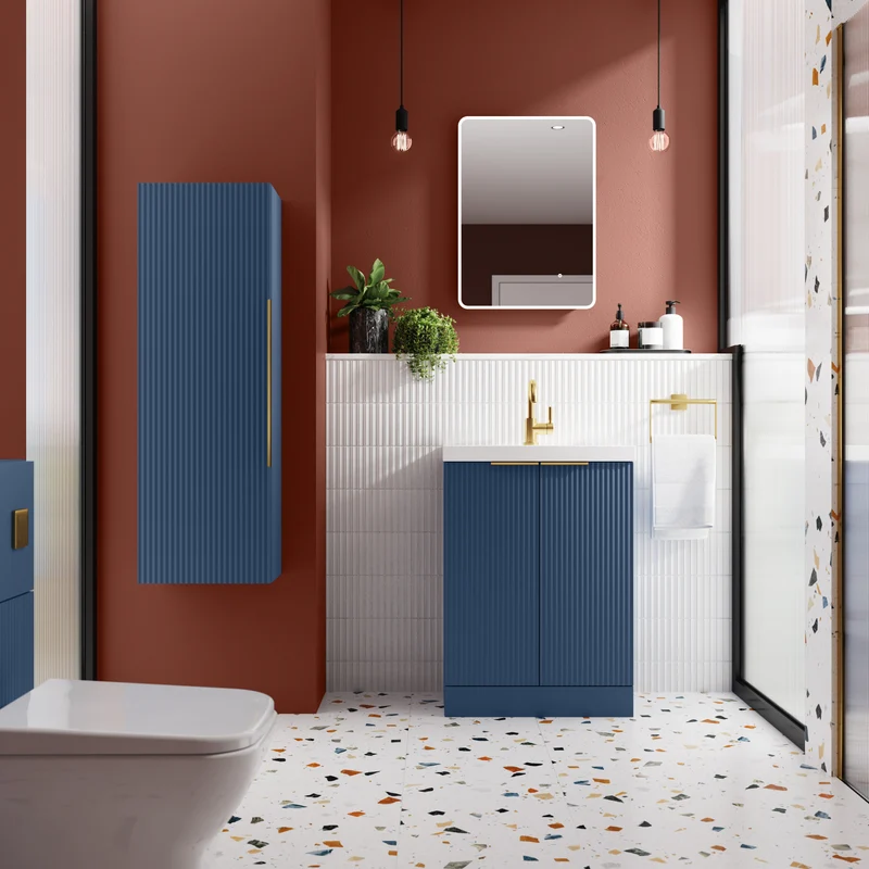 Hudson Reed Fluted Floor Standing 600mm Vanity Unit & Ceramic Basin - Satin Blue