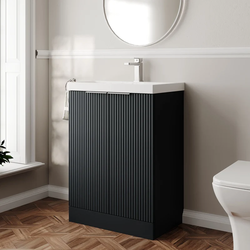 Hudson Reed Fluted Floor Standing 600mm Vanity Unit & Ceramic Basin - Satin Anthracite