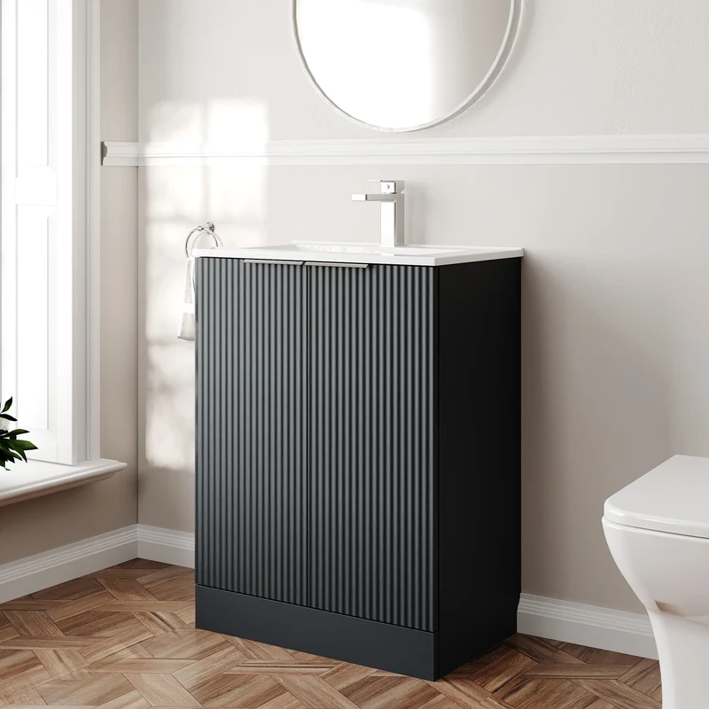 Hudson Reed Fluted Floor Standing 600mm Vanity Unit & Ceramic Basin - Satin Anthracite
