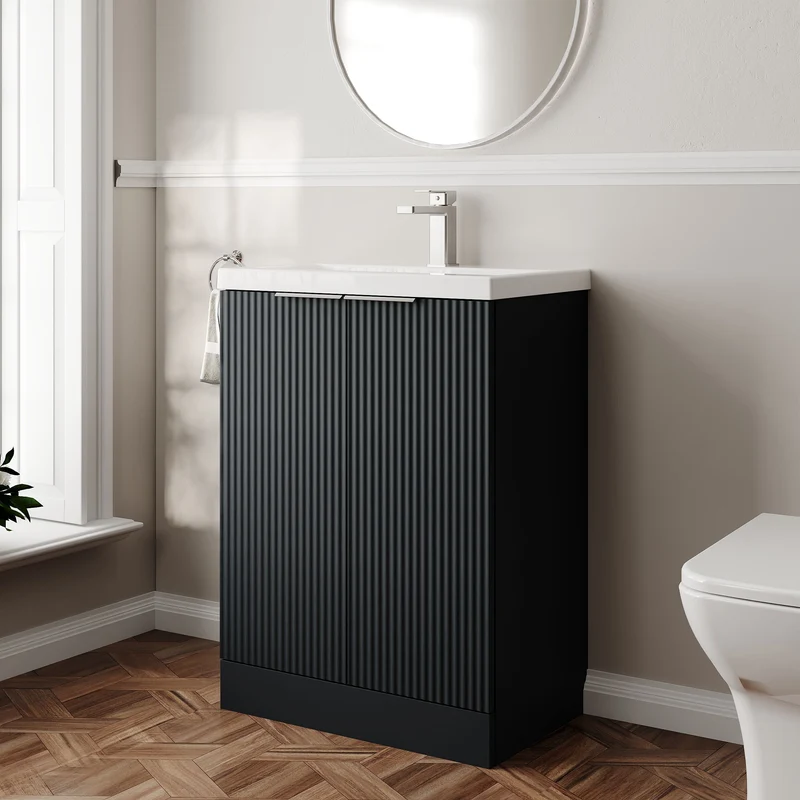 Hudson Reed Fluted Floor Standing 600mm Vanity Unit & Ceramic Basin - Satin Anthracite