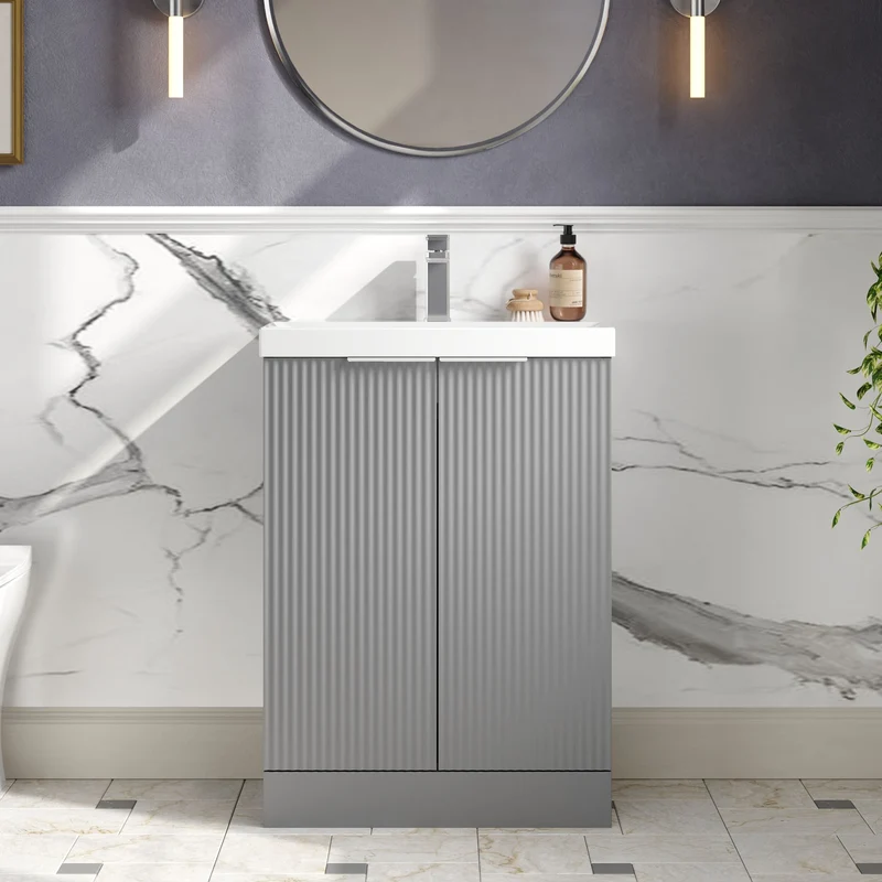 Hudson Reed Fluted Floor Standing 600mm Vanity Unit & Ceramic Basin - Satin Grey
