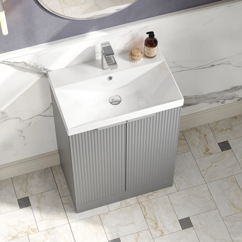 Hudson Reed Fluted Floor Standing 600mm Vanity Unit & Ceramic Basin - Satin Grey