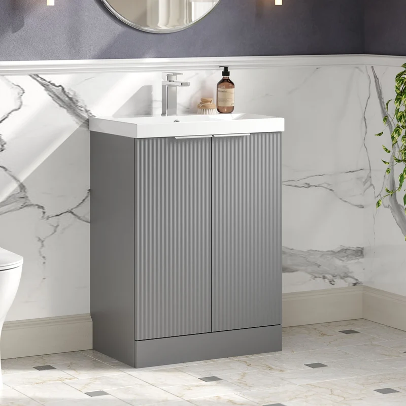 Hudson Reed Fluted Floor Standing 600mm Vanity Unit & Ceramic Basin - Satin Grey