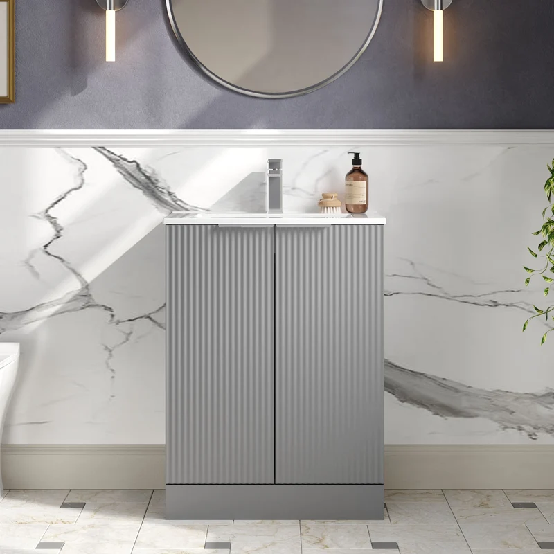 Hudson Reed Fluted Floor Standing 600mm Vanity Unit & Ceramic Basin - Satin Grey