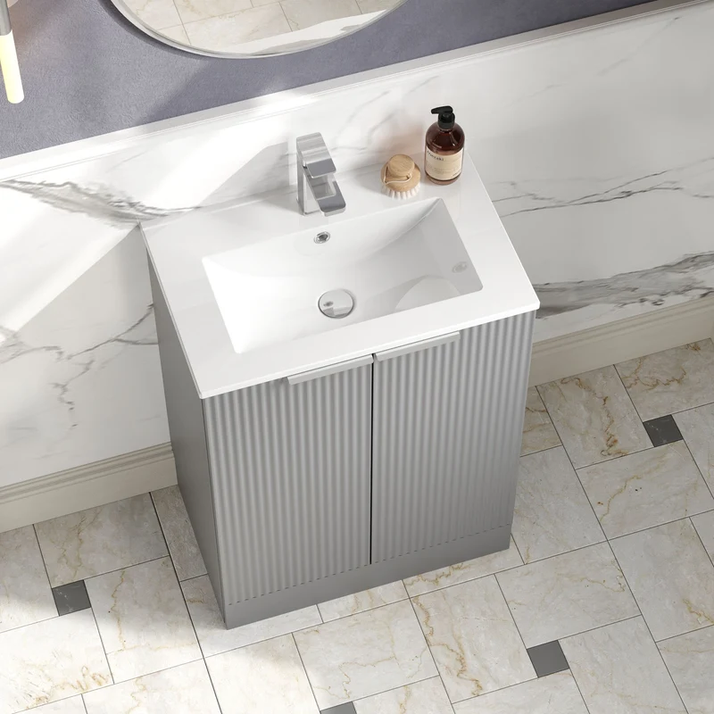Hudson Reed Fluted Floor Standing 600mm Vanity Unit & Ceramic Basin - Satin Grey