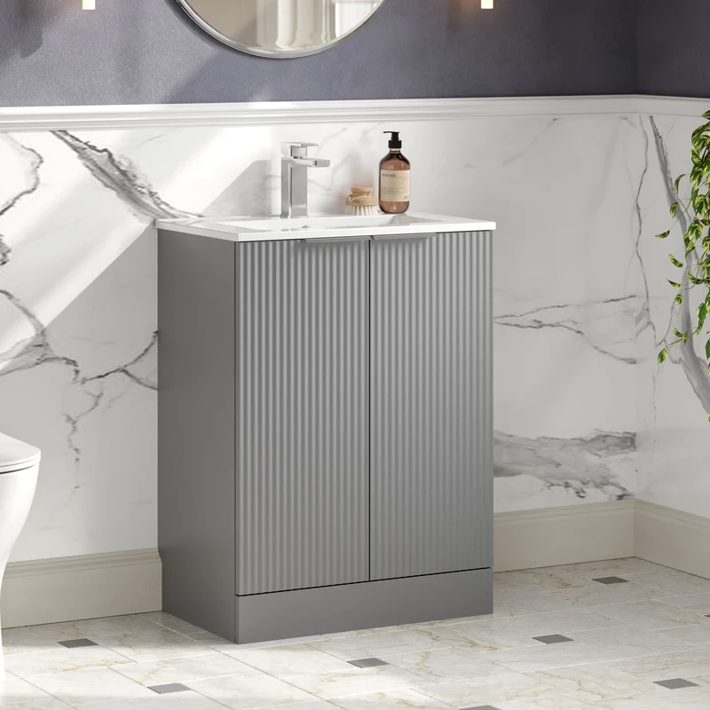 Hudson Reed Fluted Floor Standing 600mm Vanity Unit & Ceramic Basin - Satin Grey