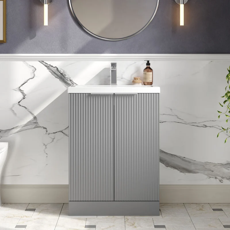 Hudson Reed Fluted Floor Standing 600mm Vanity Unit & Ceramic Basin - Satin Grey