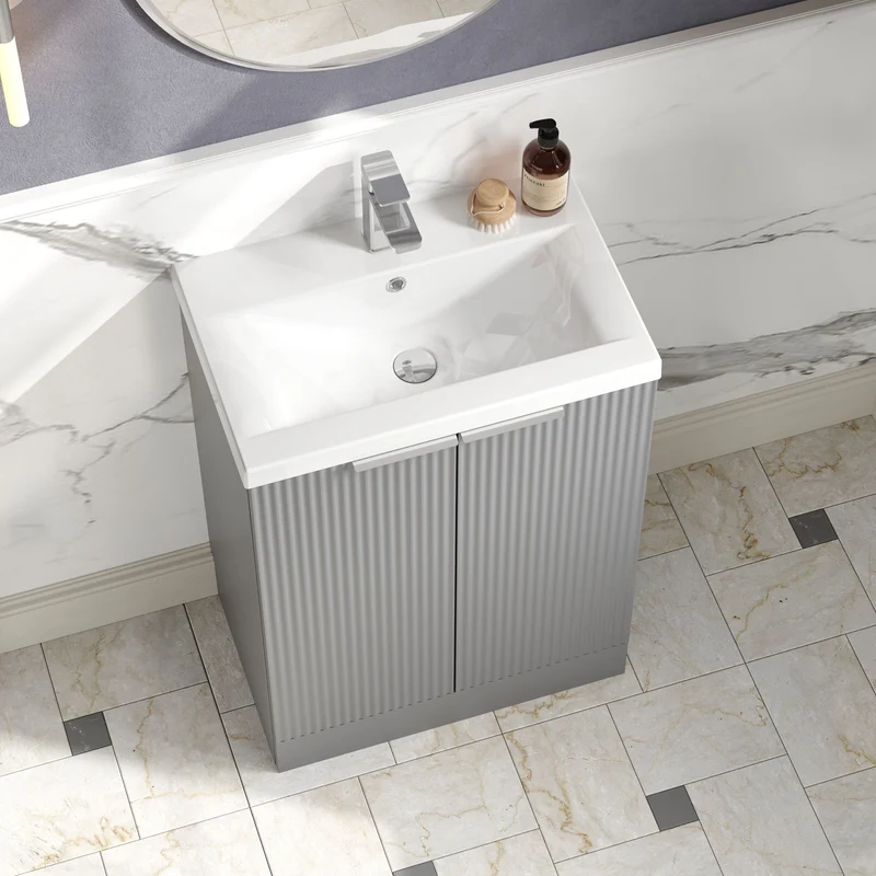 Hudson Reed Fluted Floor Standing 600mm Vanity Unit & Ceramic Basin - Satin Grey
