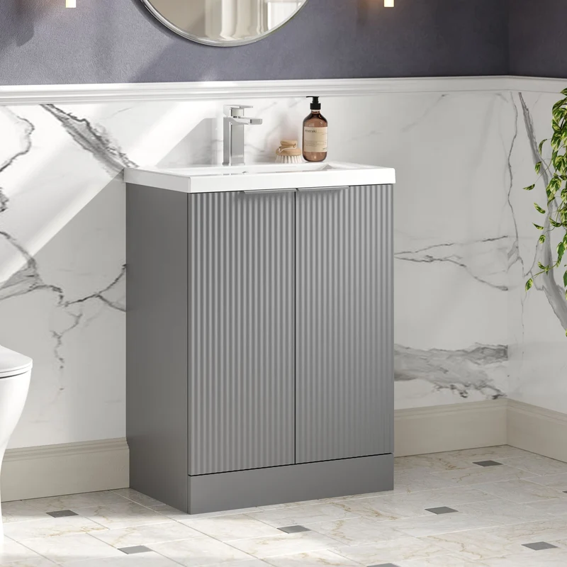 Hudson Reed Fluted Floor Standing 600mm Vanity Unit & Ceramic Basin - Satin Grey