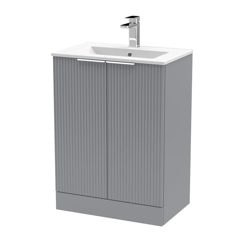 Hudson Reed Fluted Floor Standing 600mm Vanity Unit & Ceramic Basin - Satin Grey