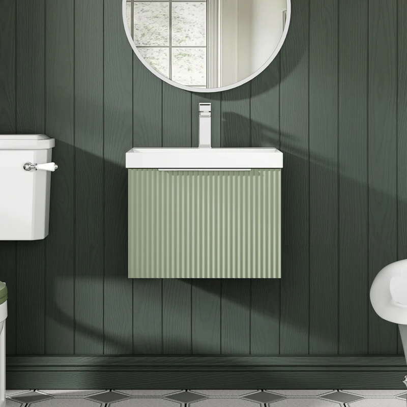 Hudson Reed Fluted Wall Hung 500mm Vanity Unit With 1 Drawer & Ceramic Basin - Satin Green