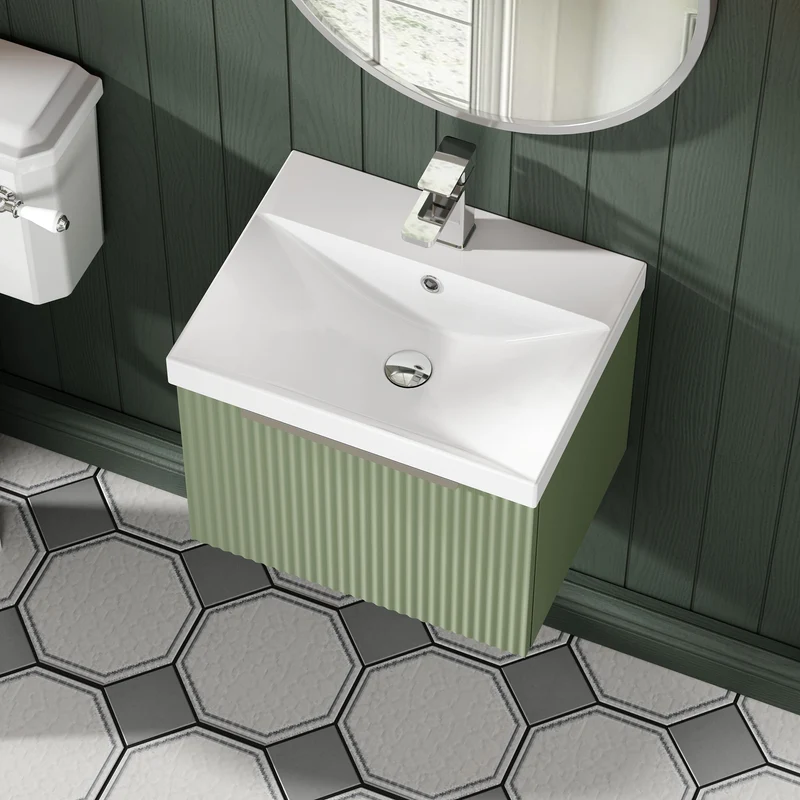 Hudson Reed Fluted Wall Hung 500mm Vanity Unit With 1 Drawer & Ceramic Basin - Satin Green