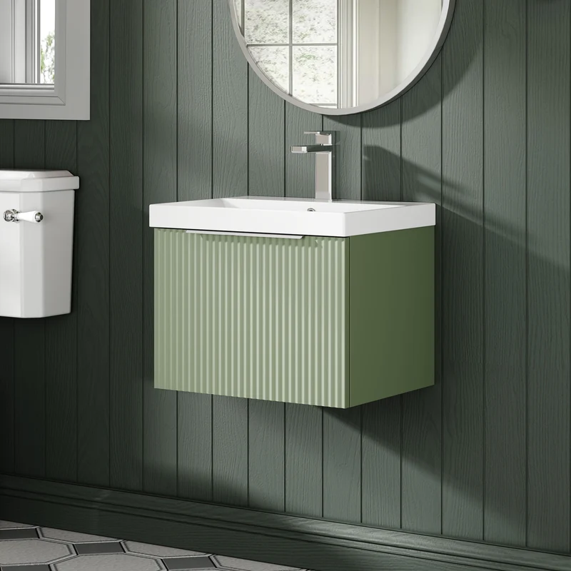 Hudson Reed Fluted Wall Hung 500mm Vanity Unit With 1 Drawer & Ceramic Basin - Satin Green