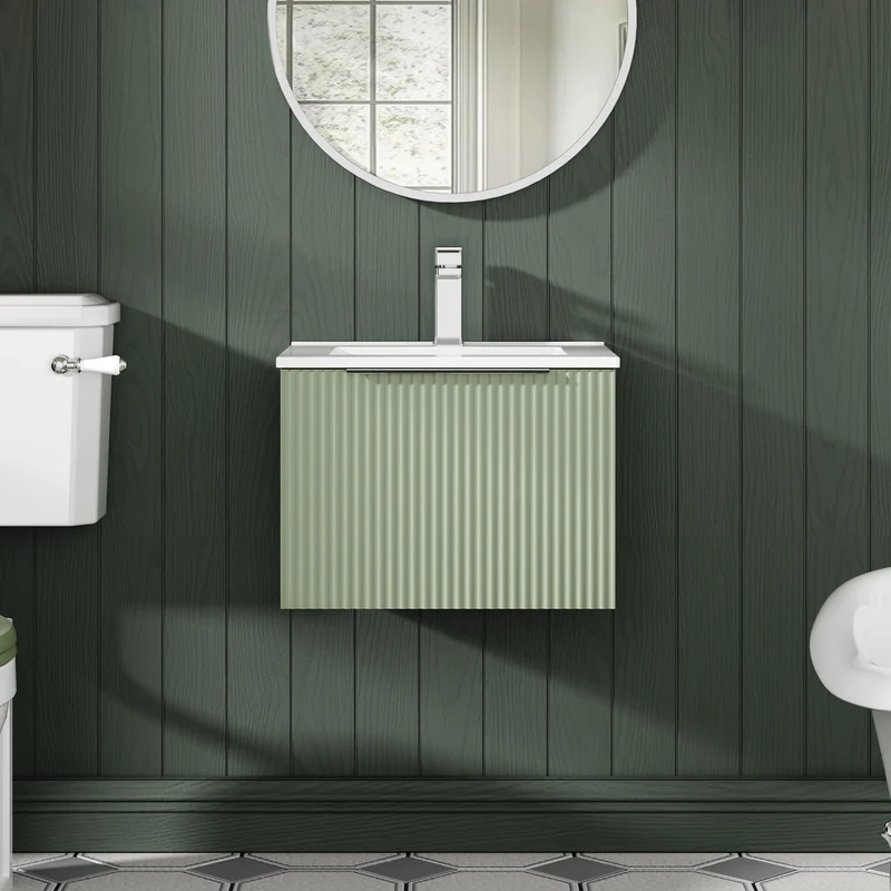 Hudson Reed Fluted Wall Hung 500mm Vanity Unit With 1 Drawer & Ceramic Basin - Satin Green
