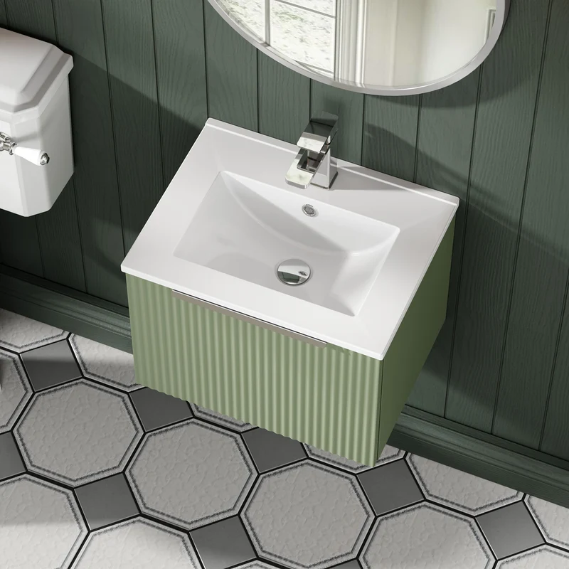 Hudson Reed Fluted Wall Hung 500mm Vanity Unit With 1 Drawer & Ceramic Basin - Satin Green