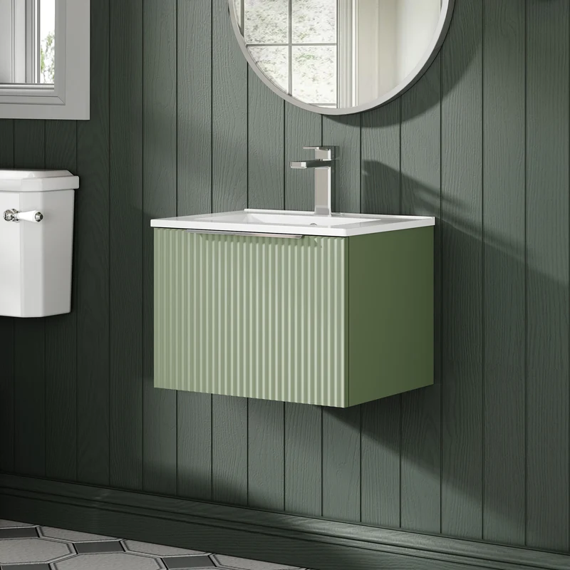Hudson Reed Fluted Wall Hung 500mm Vanity Unit With 1 Drawer & Ceramic Basin - Satin Green