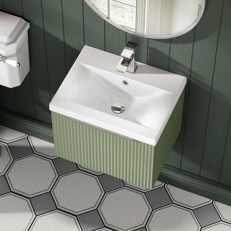 Hudson Reed Fluted Wall Hung 500mm Vanity Unit With 1 Drawer & Ceramic Basin - Satin Green