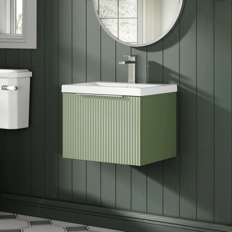 Hudson Reed Fluted Wall Hung 500mm Vanity Unit With 1 Drawer & Ceramic Basin - Satin Green