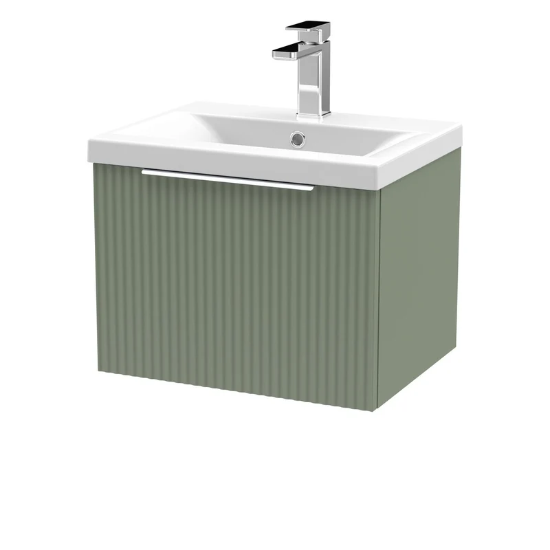 Hudson Reed Fluted Wall Hung 500mm Vanity Unit With 1 Drawer & Ceramic Basin - Satin Green