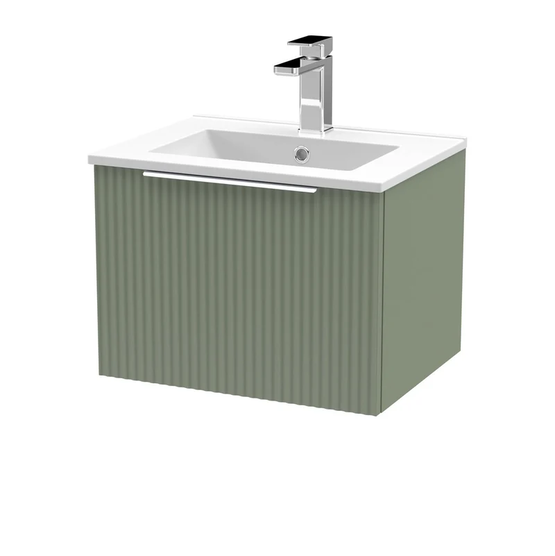 Hudson Reed Fluted Wall Hung 500mm Vanity Unit With 1 Drawer & Ceramic Basin - Satin Green
