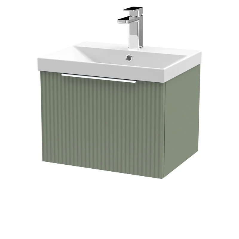 Hudson Reed Fluted Wall Hung 500mm Vanity Unit With 1 Drawer & Ceramic Basin - Satin Green
