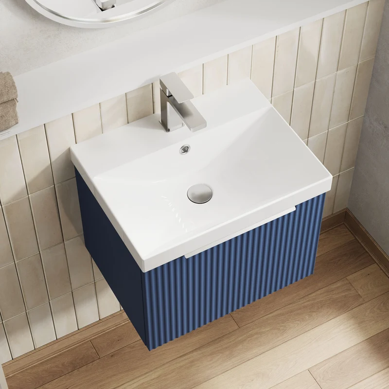 Hudson Reed Fluted Wall Hung 500mm Vanity Unit With 1 Drawer & Ceramic Basin - Satin Blue