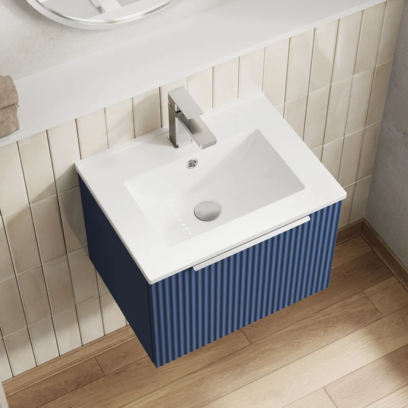 Hudson Reed Fluted Wall Hung 500mm Vanity Unit With 1 Drawer & Ceramic Basin - Satin Blue
