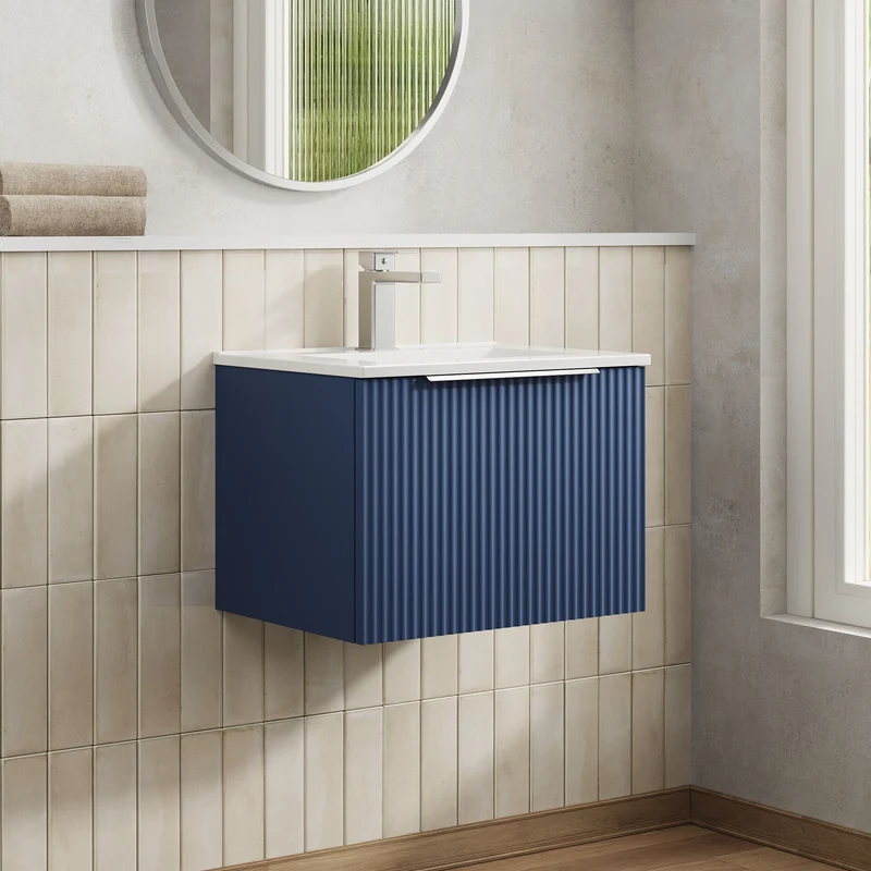 Hudson Reed Fluted Wall Hung 500mm Vanity Unit With 1 Drawer & Ceramic Basin - Satin Blue