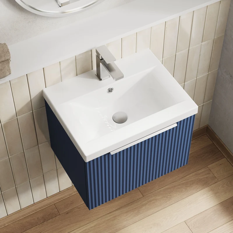 Hudson Reed Fluted Wall Hung 500mm Vanity Unit With 1 Drawer & Ceramic Basin - Satin Blue