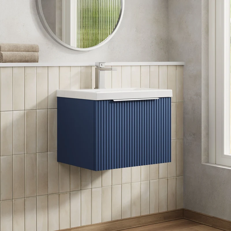 Hudson Reed Fluted Wall Hung 500mm Vanity Unit With 1 Drawer & Ceramic Basin - Satin Blue