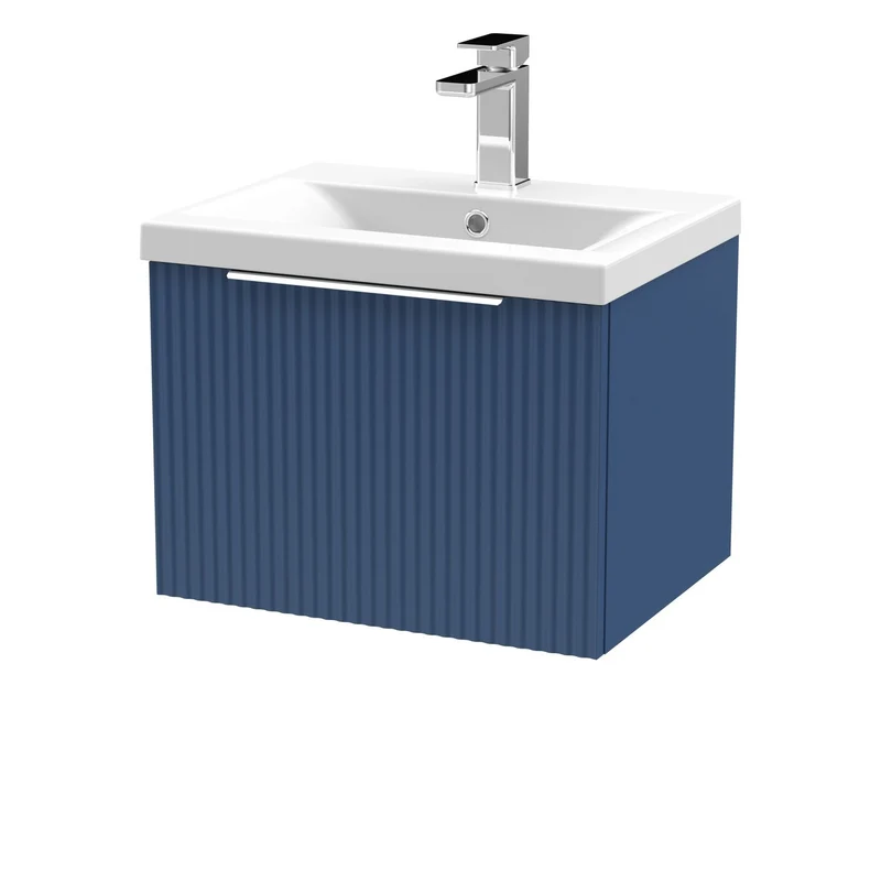 Hudson Reed Fluted Wall Hung 500mm Vanity Unit With 1 Drawer & Ceramic Basin - Satin Blue