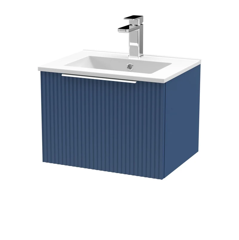Hudson Reed Fluted Wall Hung 500mm Vanity Unit With 1 Drawer & Ceramic Basin - Satin Blue