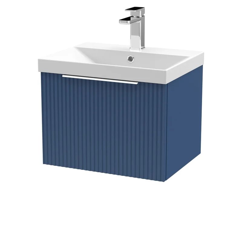 Hudson Reed Fluted Wall Hung 500mm Vanity Unit With 1 Drawer & Ceramic Basin - Satin Blue