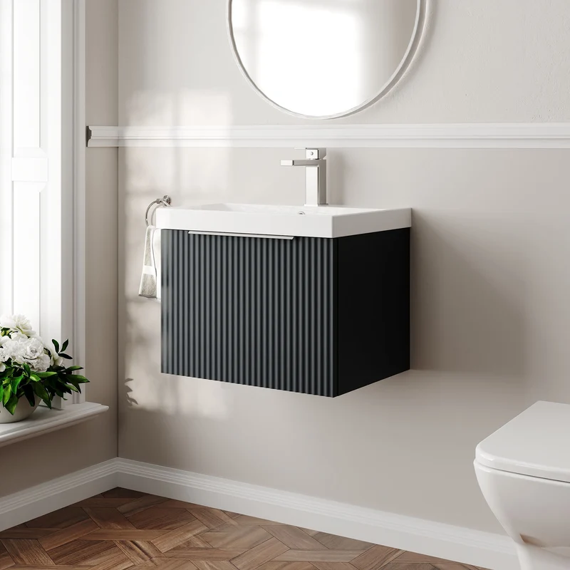 Hudson Reed Fluted Wall Hung 500mm Vanity Unit With 1 Drawer & Ceramic Basin - Satin Anthracite